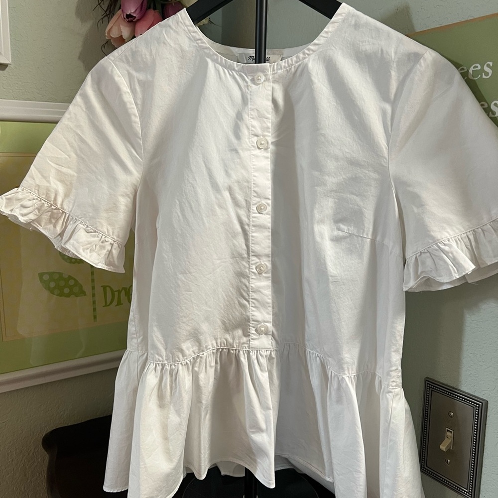 Madewell White Ruffle Short Sleeve Button-Front Blouse